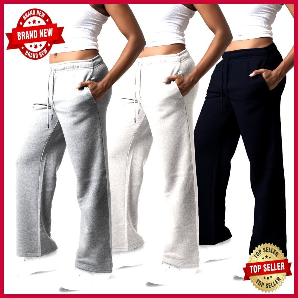 3 Pack Wide Leg Fleece Sweatpants, Yoga Workout Pants, Plus Size Available